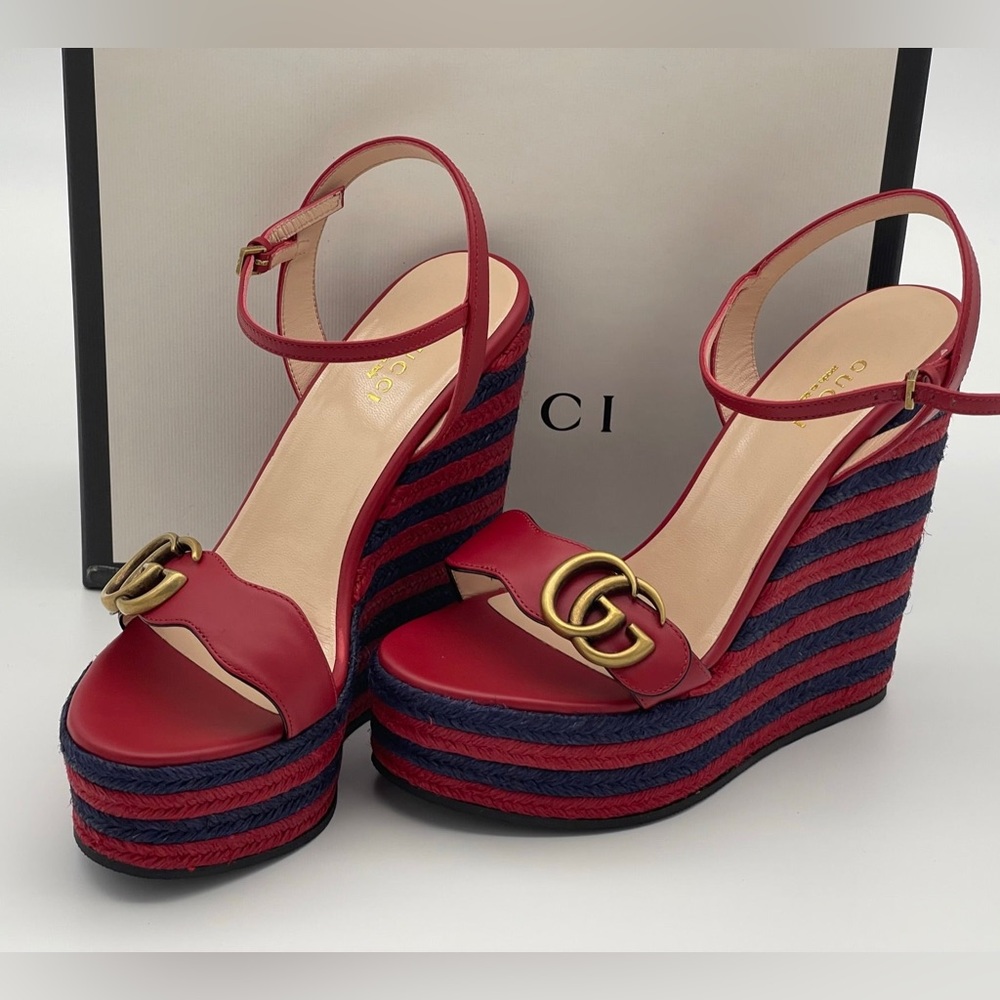 Authentic GUCCI Marmont Double G Leather Espadrille Platform Sandals - Picture 1 of 16